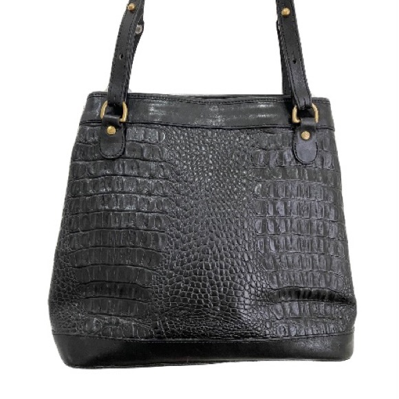 Vintage BRAHMIN Black Embossed Croc Leather Double Strap Bucket Shoulder Bag - Picture 5 of 16